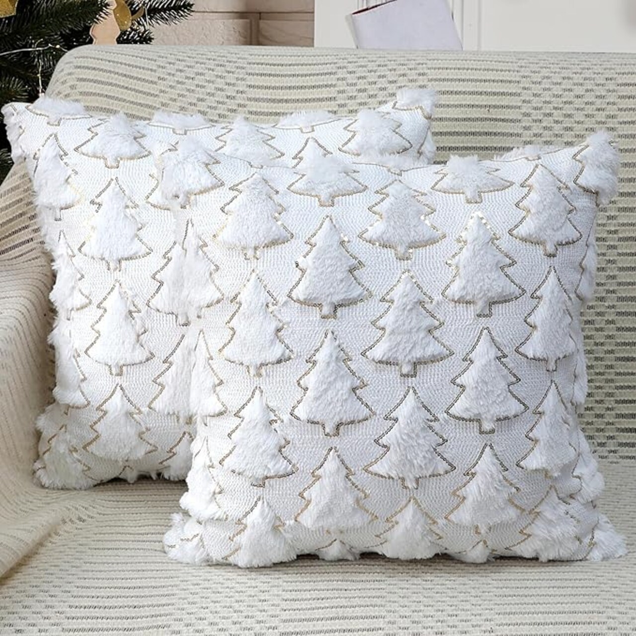 Christmas Tree Decorative Pillow Covers 18x18 Set of 2, White Soft Plush Faux Fur Farmhouse Throw Cushion Cases for Xmas Winter Holiday Home Decorations